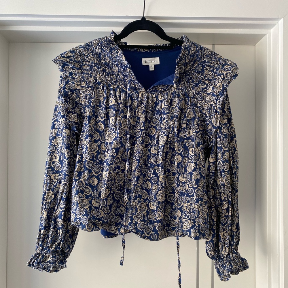 &merci Blue and Cream Floral Cotton Ruffled Blouse Size Small